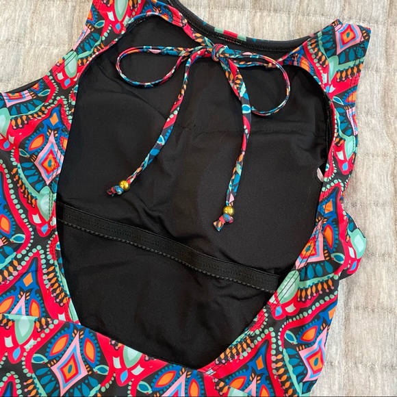 Bohemian colorful open back one piece cut out black swimsuit - Picture 6 of 8